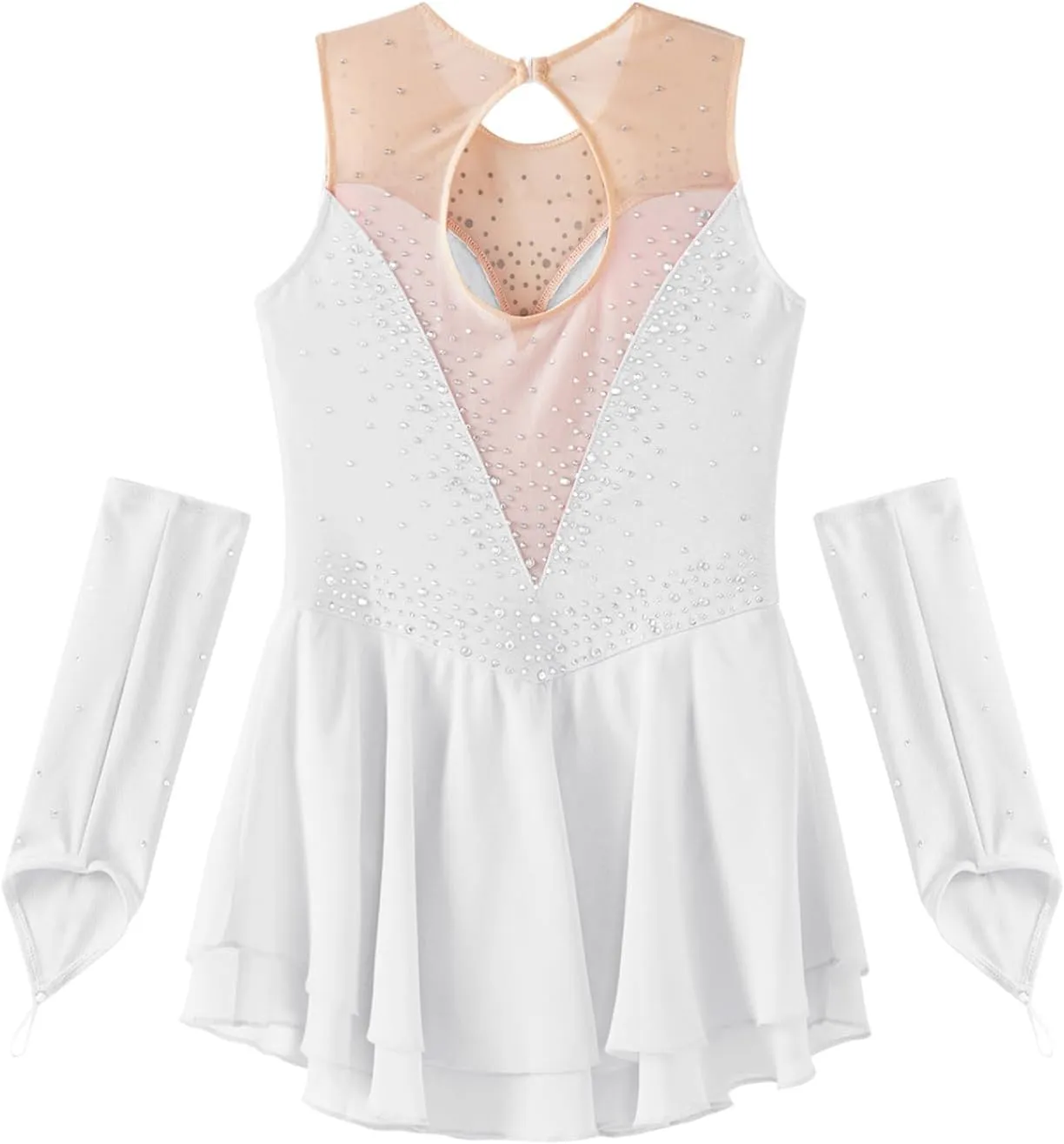 JEYPINMI Kids Girls Figure Ice Skating Leotard Dress with Gloves Ballet Lyrical Dance Costume Wrap Skirt