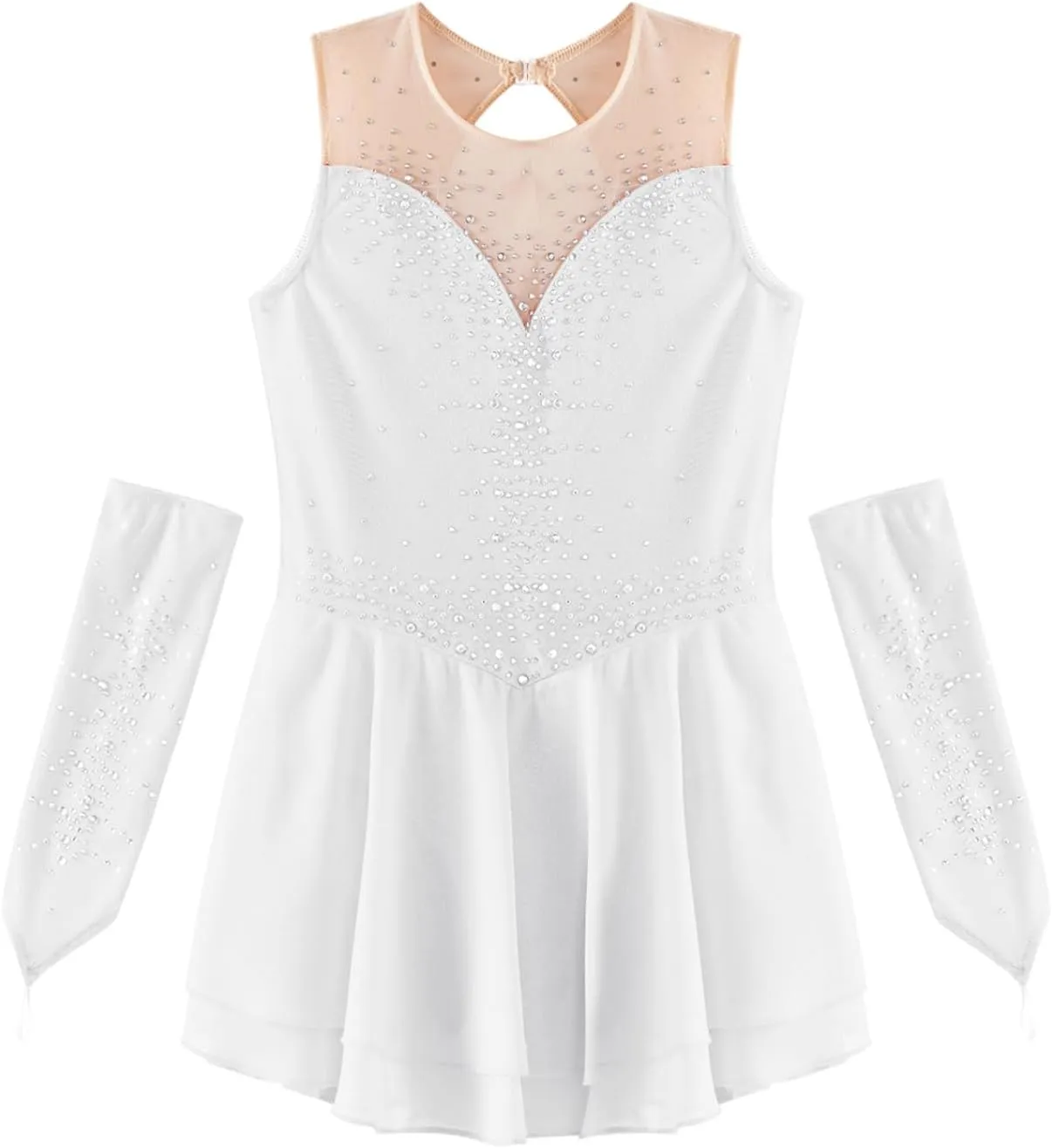 JEYPINMI Kids Girls Figure Ice Skating Leotard Dress with Gloves Ballet Lyrical Dance Costume Wrap Skirt