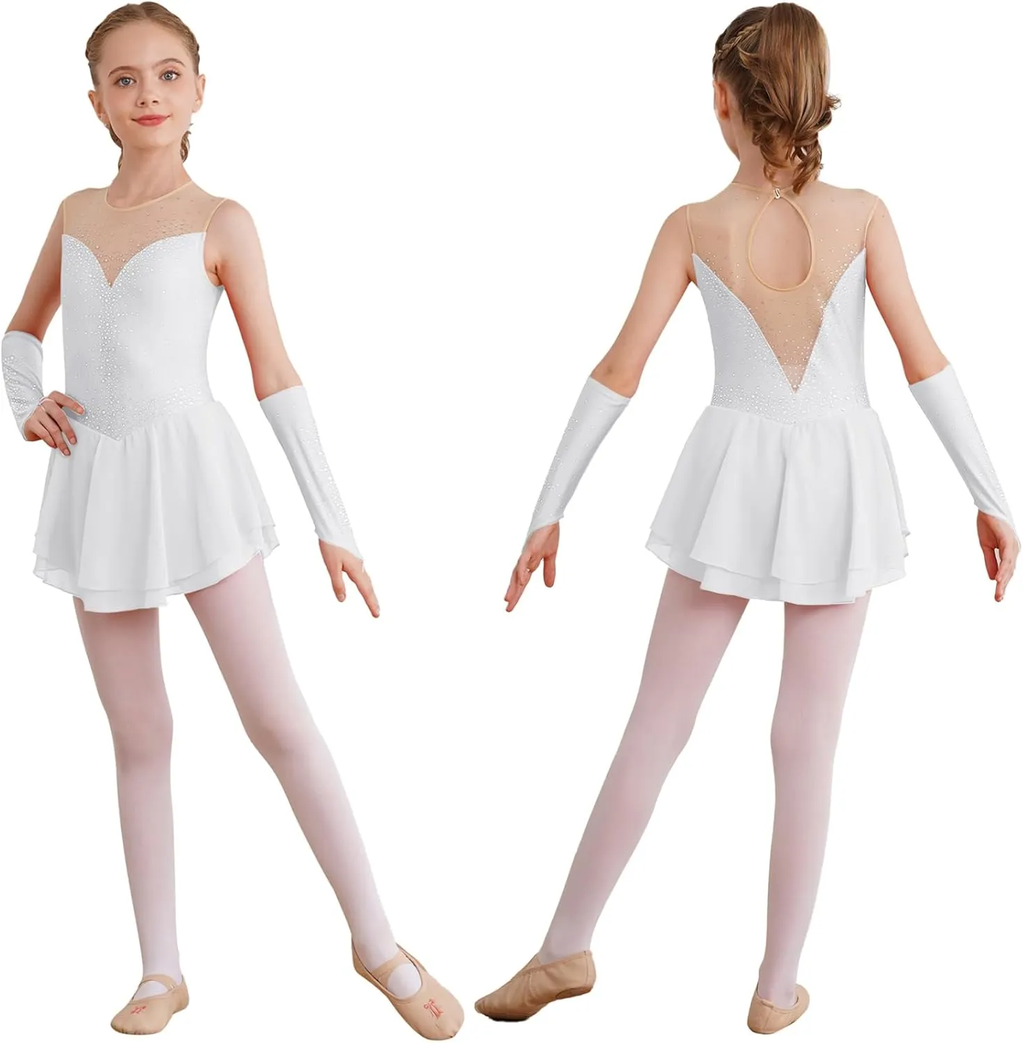 JEYPINMI Kids Girls Figure Ice Skating Leotard Dress with Gloves Ballet Lyrical Dance Costume Wrap Skirt