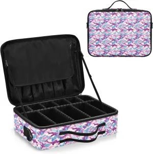 junzan Camo Large Makeup Organizer Bag Travel Makeup Train Case Flat Make Up Artist Case with Dividers and Adjustable Strap Electric Blue
