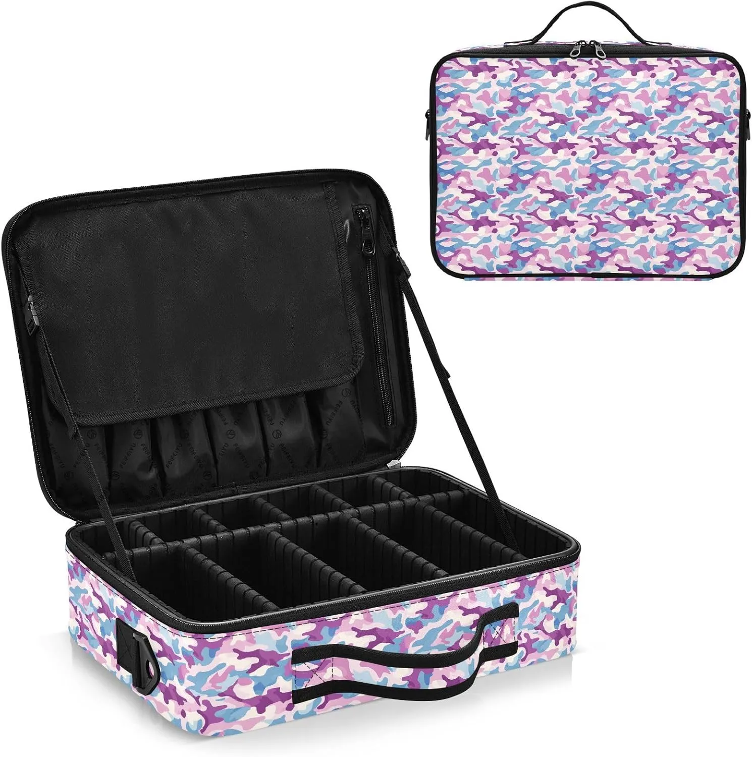 junzan Camo Large Makeup Organizer Bag Travel Makeup Train Case Flat Make Up Artist Case with Dividers and Adjustable Strap Electric Blue