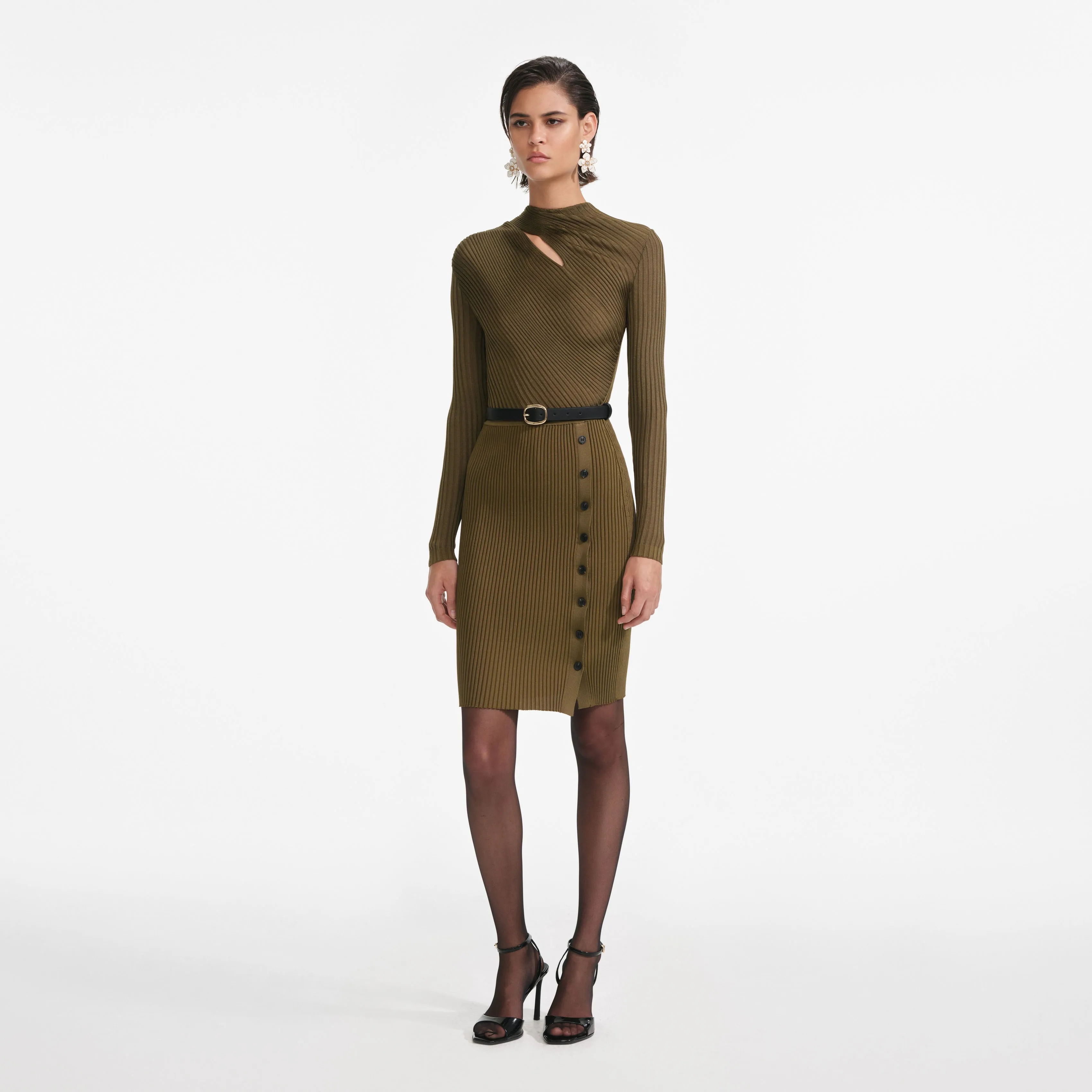 Khaki Cut Out Rib Knit Mini Dress