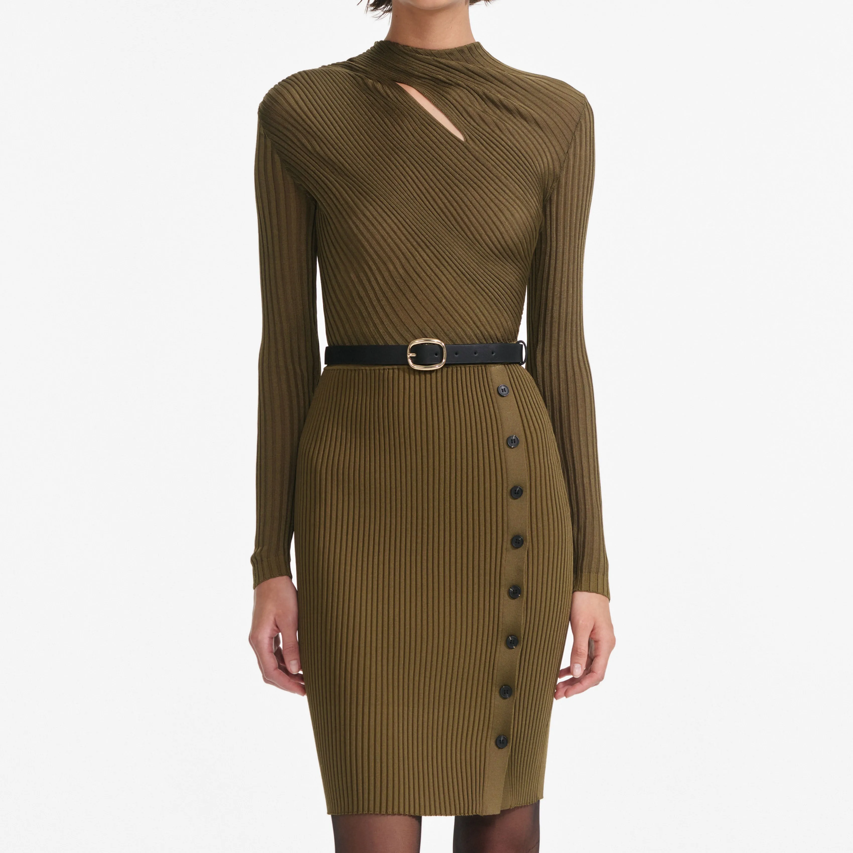 Khaki Cut Out Rib Knit Mini Dress