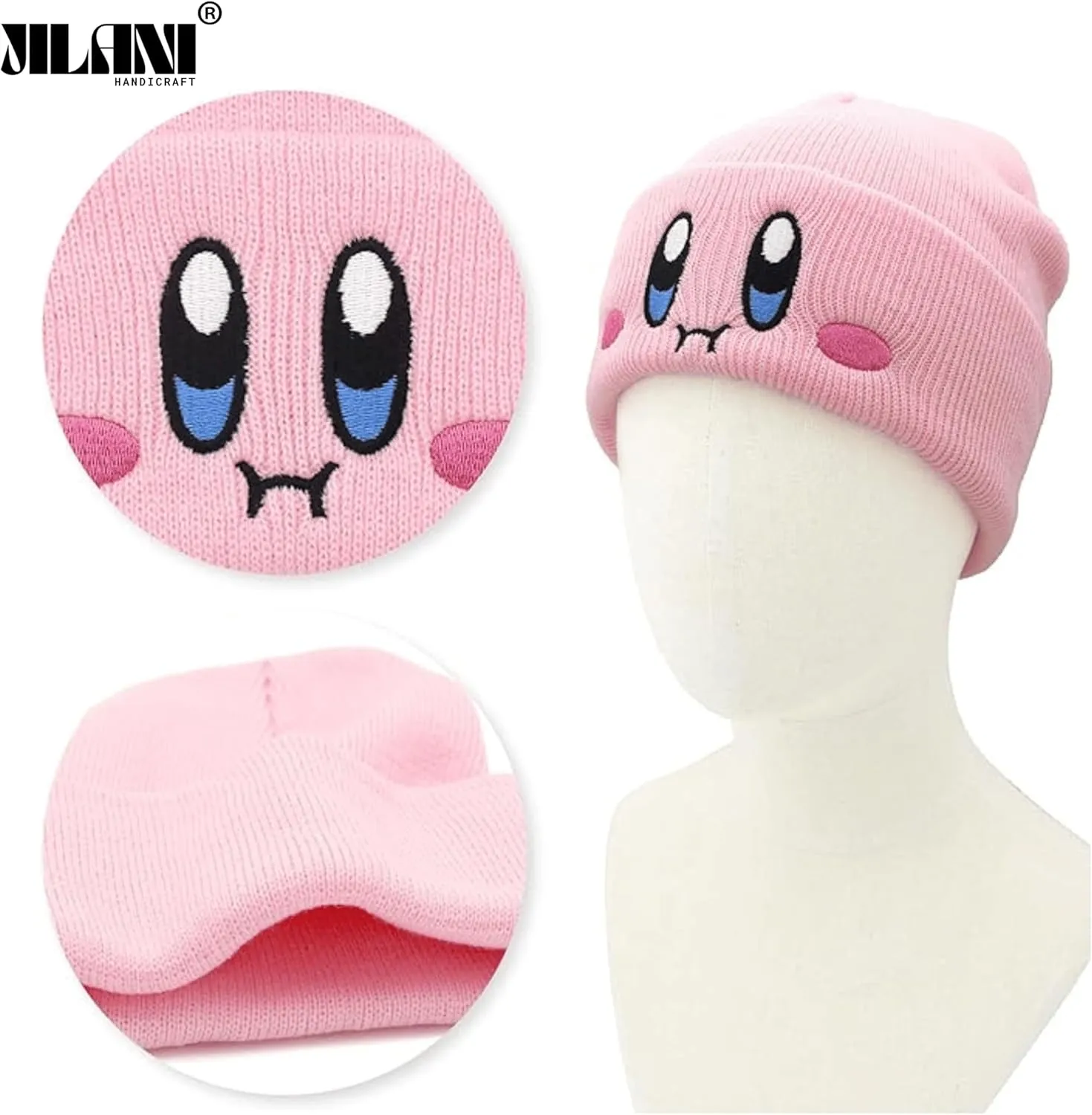 Kid-by Beanie Cute Anime Hat Kawaii Accessories Beanie Slouchy Embroided Face Knit Hats for Adult