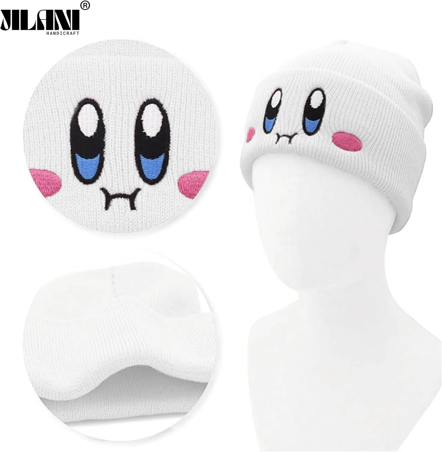 Kid-by Beanie Cute Anime Hat Kawaii Accessories Beanie Slouchy Embroided Face Knit Hats for Adult