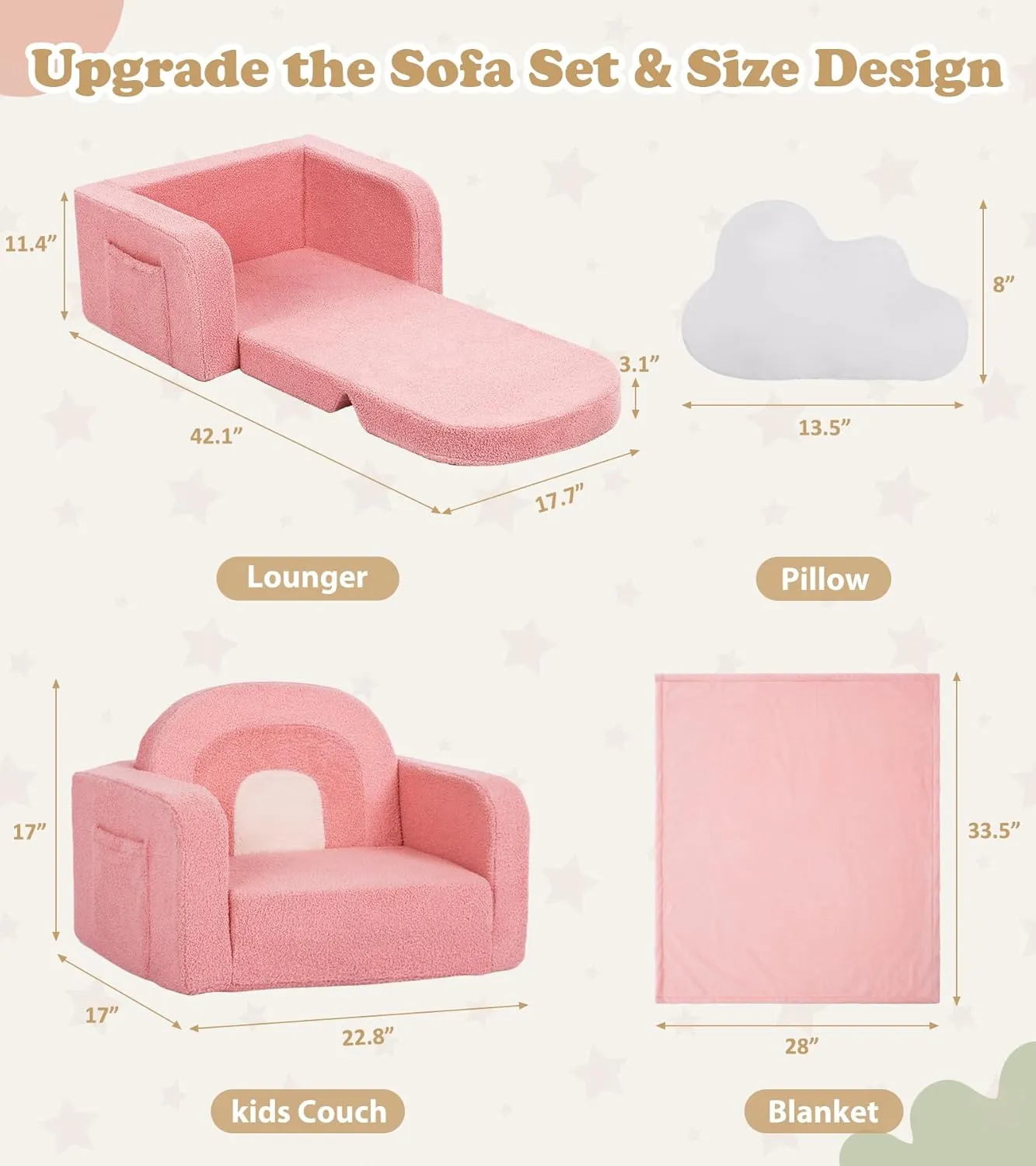 Kids Couch, 2-in-1 Soft Toddler Couch Fold Out with with Blanket and Cloud Pillow, Glow in The Dark, Toddler Chair Comfy, Convertible Sofa to Lounger, Gifts for Kids Girl Boys, Medium Pink Rainbow