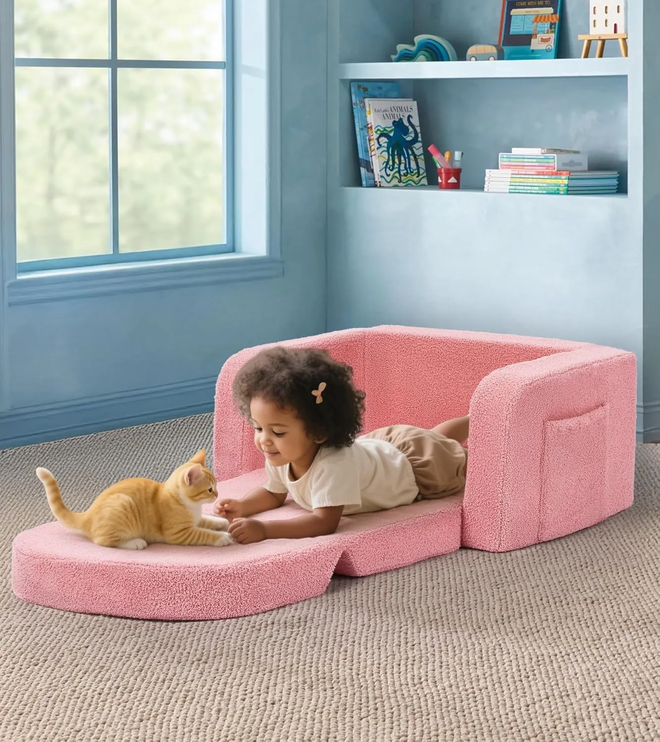 Kids Couch, 2-in-1 Soft Toddler Couch Fold Out with with Blanket and Cloud Pillow, Glow in The Dark, Toddler Chair Comfy, Convertible Sofa to Lounger, Gifts for Kids Girl Boys, Medium Pink Rainbow