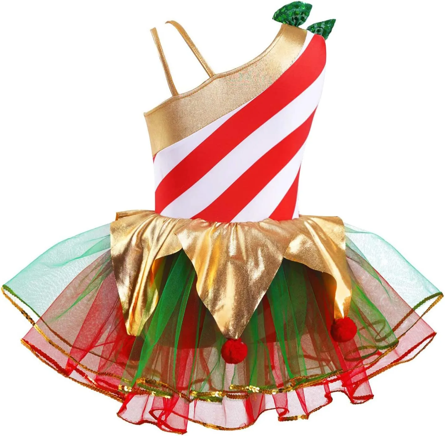 Kids Girls Candy Cane Striped Sequins Ballet Tutu Dance Dress Figure Ice Skating Dress Christmas Costume