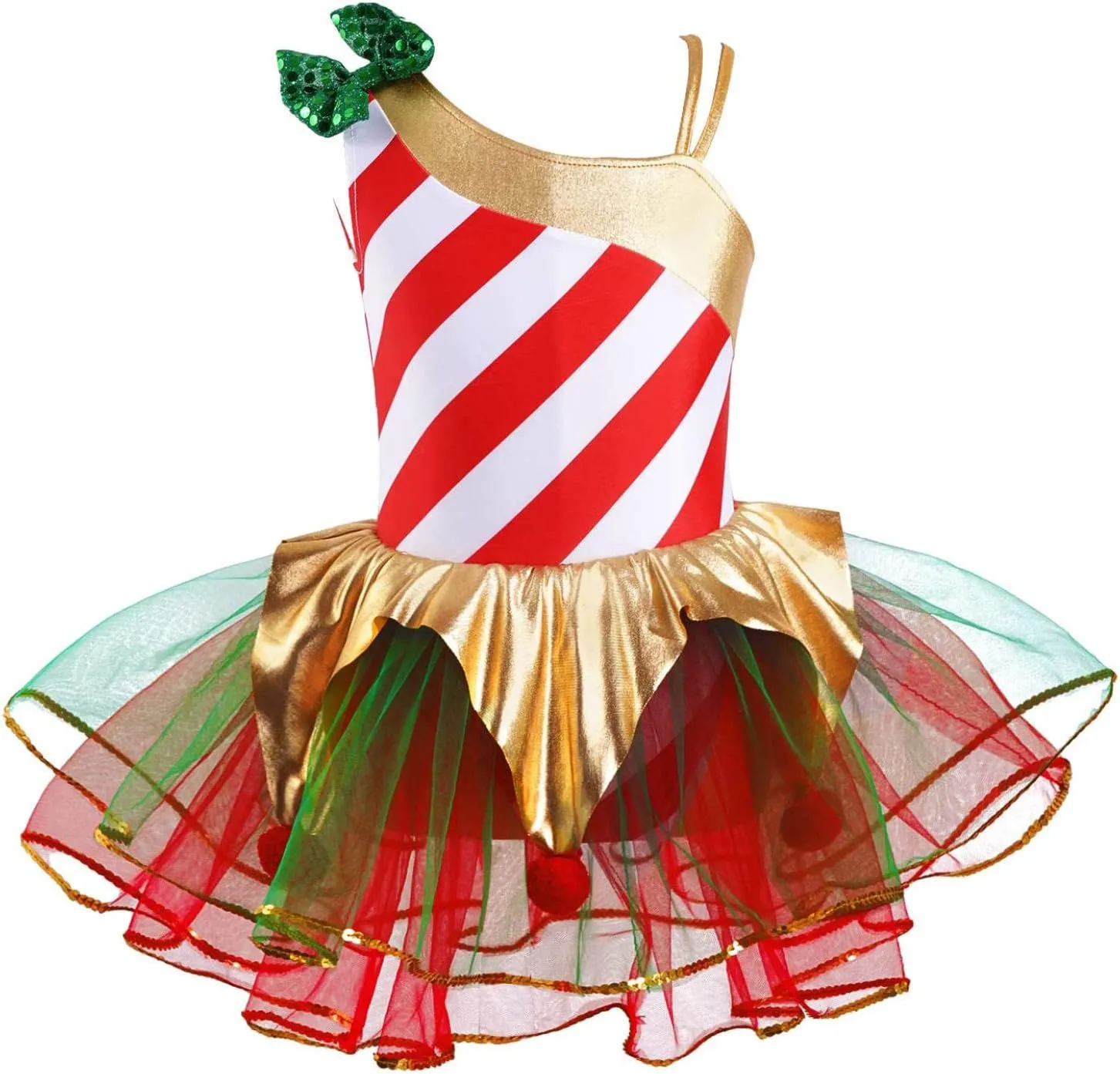 Kids Girls Candy Cane Striped Sequins Ballet Tutu Dance Dress Figure Ice Skating Dress Christmas Costume