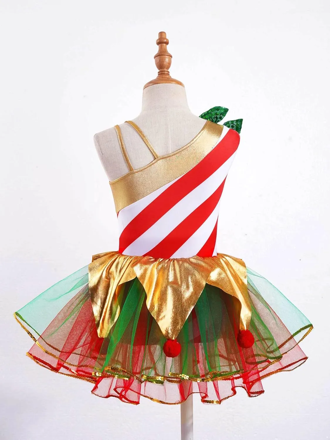 Kids Girls Candy Cane Striped Sequins Ballet Tutu Dance Dress Figure Ice Skating Dress Christmas Costume
