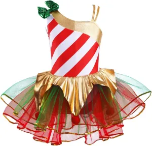 Kids Girls Candy Cane Striped Sequins Ballet Tutu Dance Dress Figure Ice Skating Dress Christmas Costume