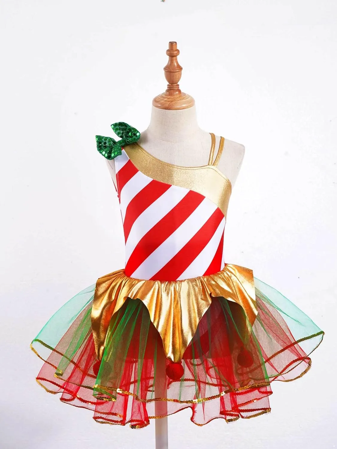 Kids Girls Candy Cane Striped Sequins Ballet Tutu Dance Dress Figure Ice Skating Dress Christmas Costume
