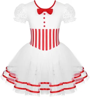 Kids Girls Feather Trim Ballet Tutu Dress Figure Ice Skating Leotard Dress Christmas Snowman Dance Costume