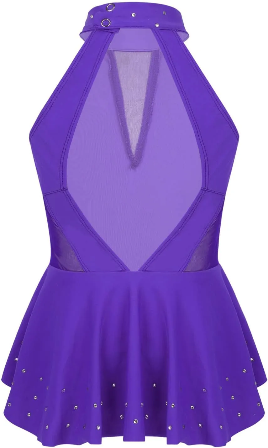Kids Girls Gymnastics Sleeveless Sparkly Rhinestone Ballet Dance Dress Leotard Figure Ice Skating Show