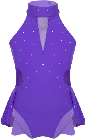 Kids Girls Gymnastics Sleeveless Sparkly Rhinestone Ballet Dance Dress Leotard Figure Ice Skating Show