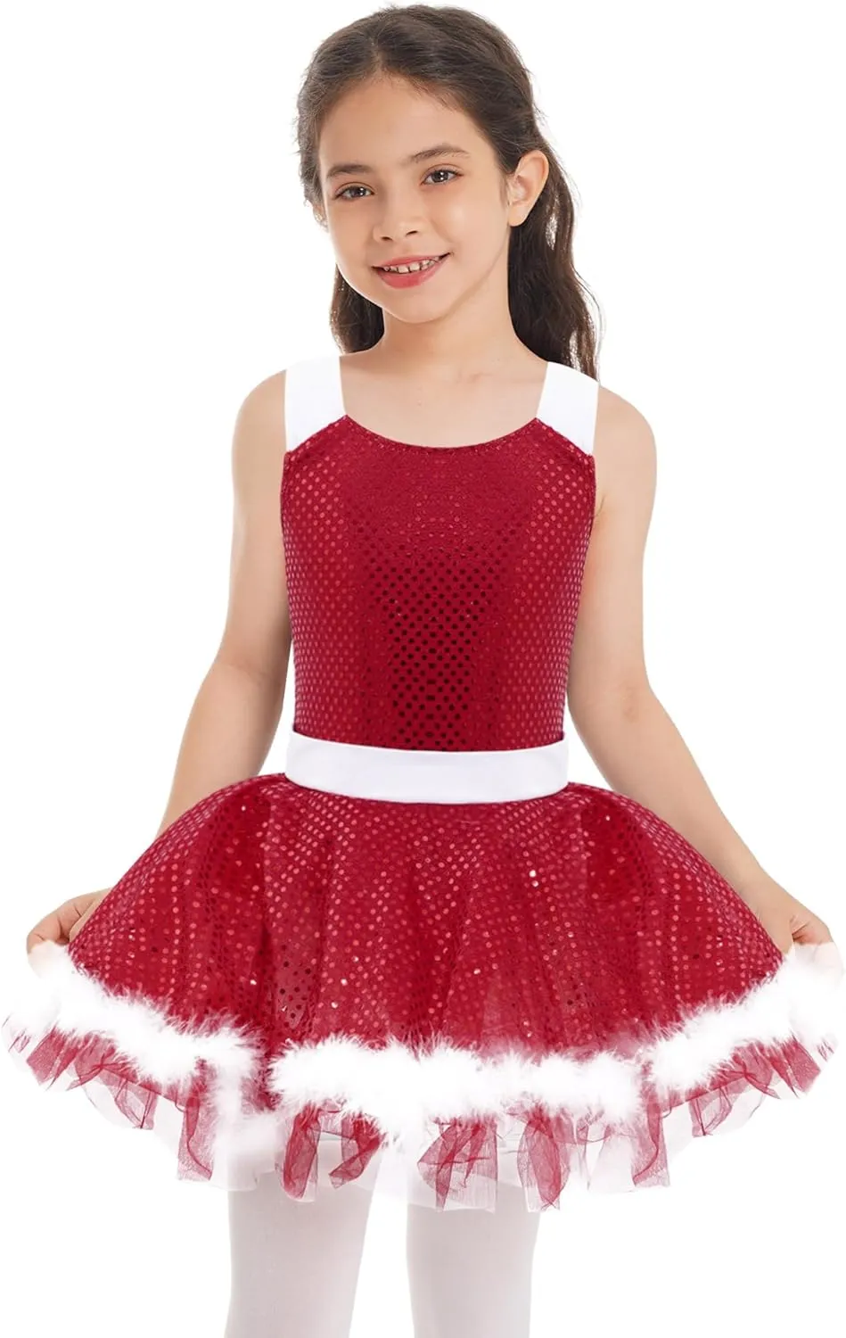Kids Girls Sequined Faux Fur Ballet Leotard Tutu Dress Christmas Figure Ice Skating Holiday Dance Dress