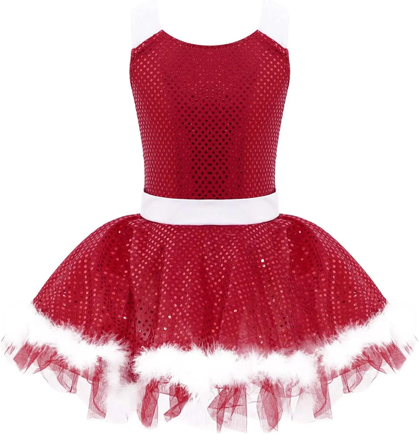 Kids Girls Sequined Faux Fur Ballet Leotard Tutu Dress Christmas Figure Ice Skating Holiday Dance Dress