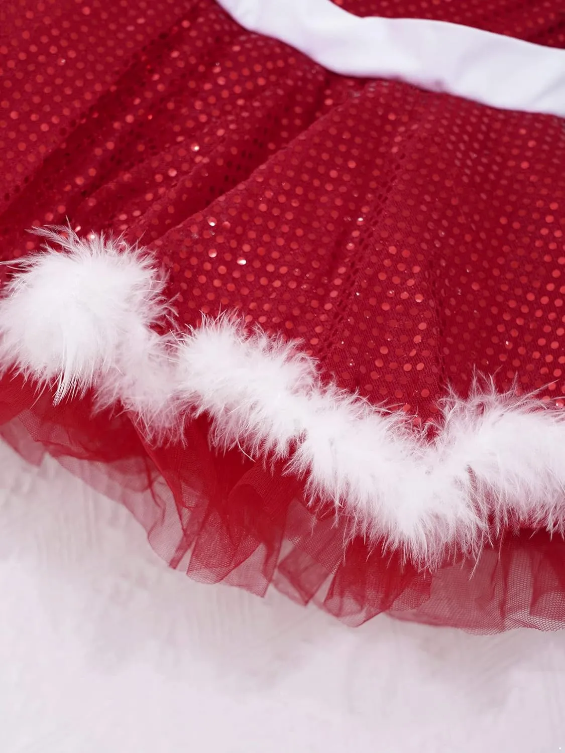 Kids Girls Sequined Faux Fur Ballet Leotard Tutu Dress Christmas Figure Ice Skating Holiday Dance Dress