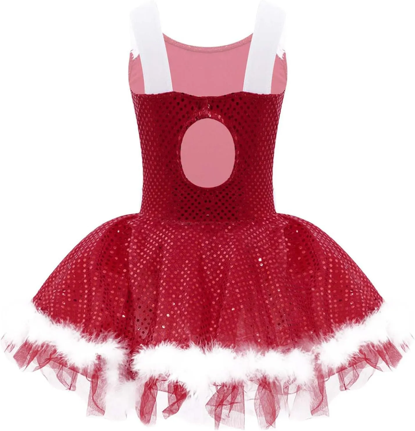 Kids Girls Sequined Faux Fur Ballet Leotard Tutu Dress Christmas Figure Ice Skating Holiday Dance Dress
