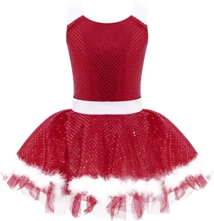 Kids Girls Sequined Faux Fur Ballet Leotard Tutu Dress Christmas Figure Ice Skating Holiday Dance Dress