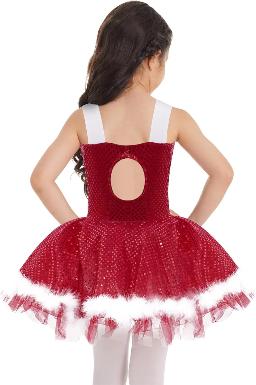 Kids Girls Sequined Faux Fur Ballet Leotard Tutu Dress Christmas Figure Ice Skating Holiday Dance Dress