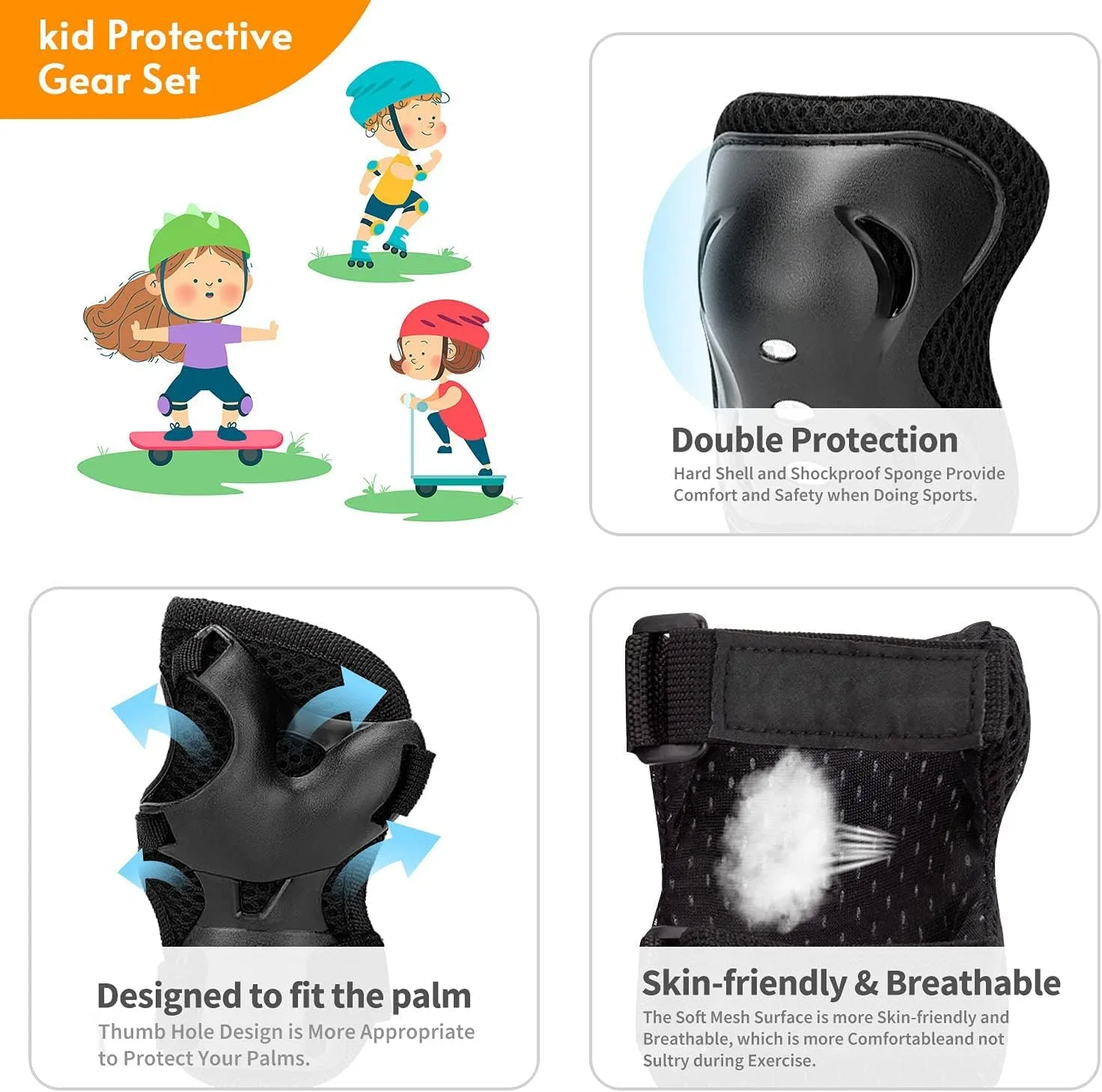 Kids/Youth Knee Pads Elbow Pad Wrist Guards Protective Gear Set, for Child Roller Skates, Cycling Bike, Skateboard, Inline Skatings, Scooter Riding, BMX Bike, and Other Outdoor Sports Activities