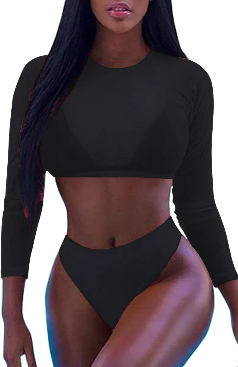 Kisscynest Women's 3 Pieces Swimsuit with Long Sleeve Mesh Shirt Coverup