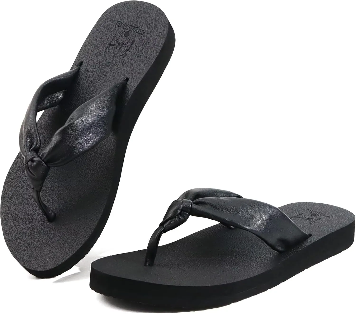 KuaiLu Womens Flip Flops With Arch Support Comfortable Yoga Mat Cushion Thong Leather Sandals for Ladies Fashion Slip On Summer Beach Walking Slides Indoor Outdoor Travel Orthotic Slippers