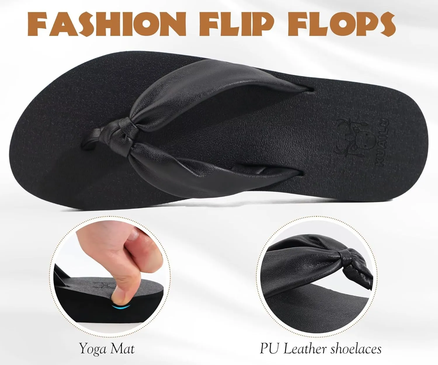 KuaiLu Womens Flip Flops With Arch Support Comfortable Yoga Mat Cushion Thong Leather Sandals for Ladies Fashion Slip On Summer Beach Walking Slides Indoor Outdoor Travel Orthotic Slippers