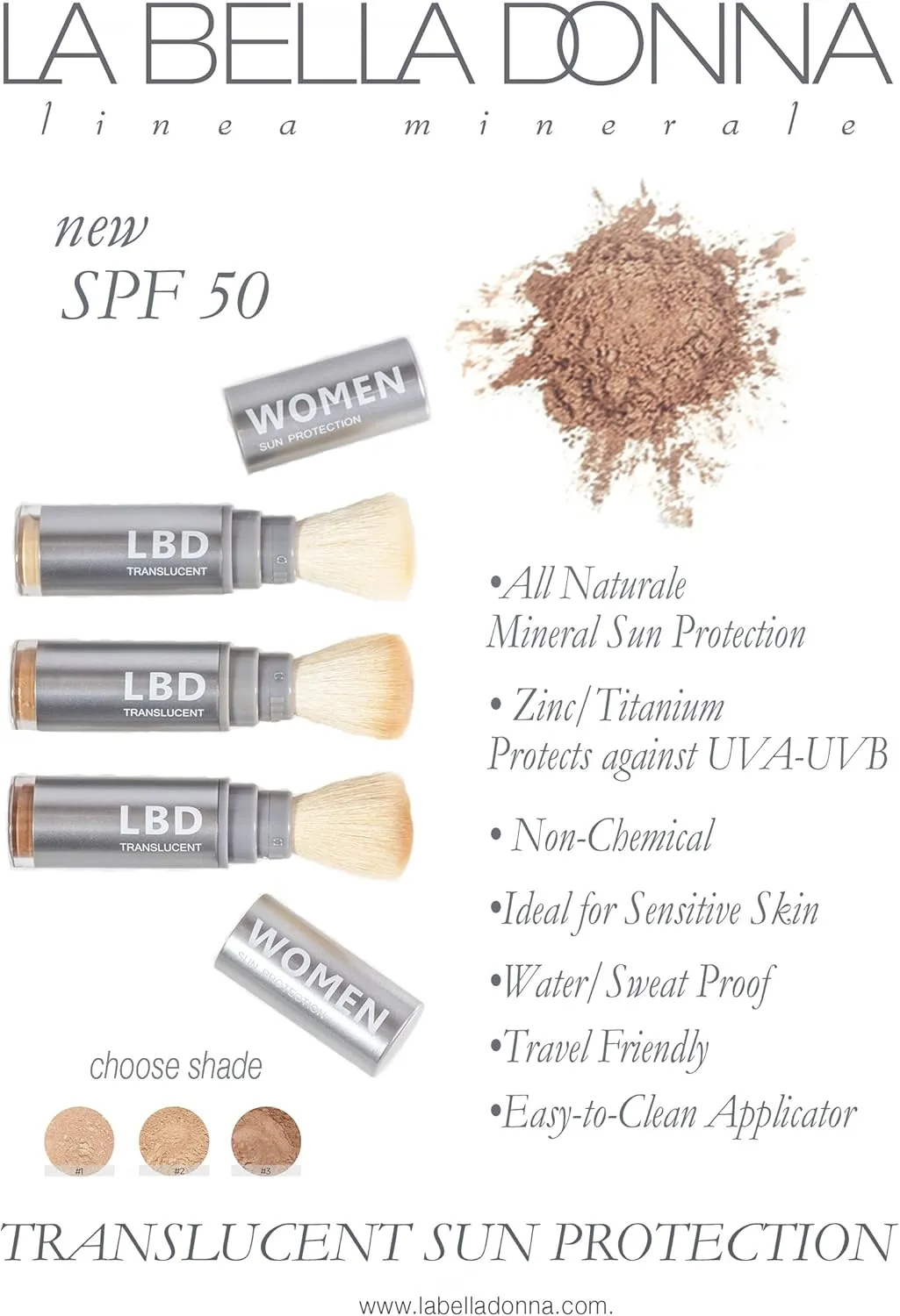 La Bella Donna Natural Mineral Women's Waterproof SPF 50 Powder Sunscreen with Exclusive Dial System Dispensing Brush | NON-NANO | NON-CHEMICAL | REEF SAFE - 5g (Fair Skin)