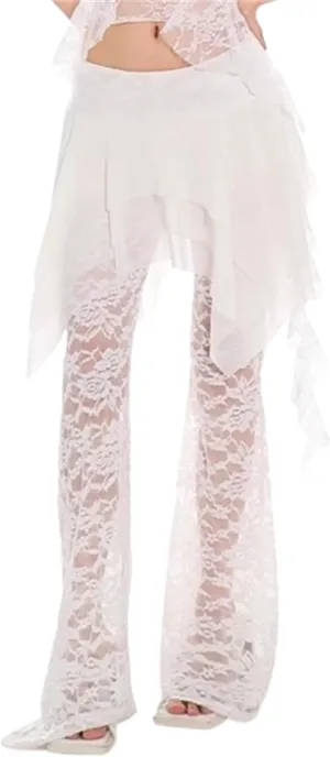 Lace Pants - Y2k Pants See Through Pants Sheer Mesh Bell Bottom Pants Stretchy Slim Trouser, Mesh Pants for Women