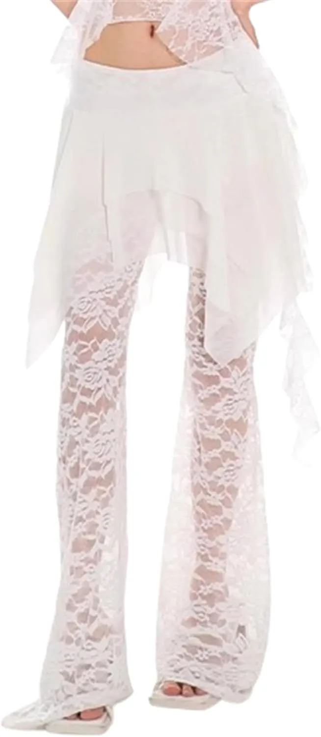 Lace Pants - Y2k Pants See Through Pants Sheer Mesh Bell Bottom Pants Stretchy Slim Trouser, Mesh Pants for Women