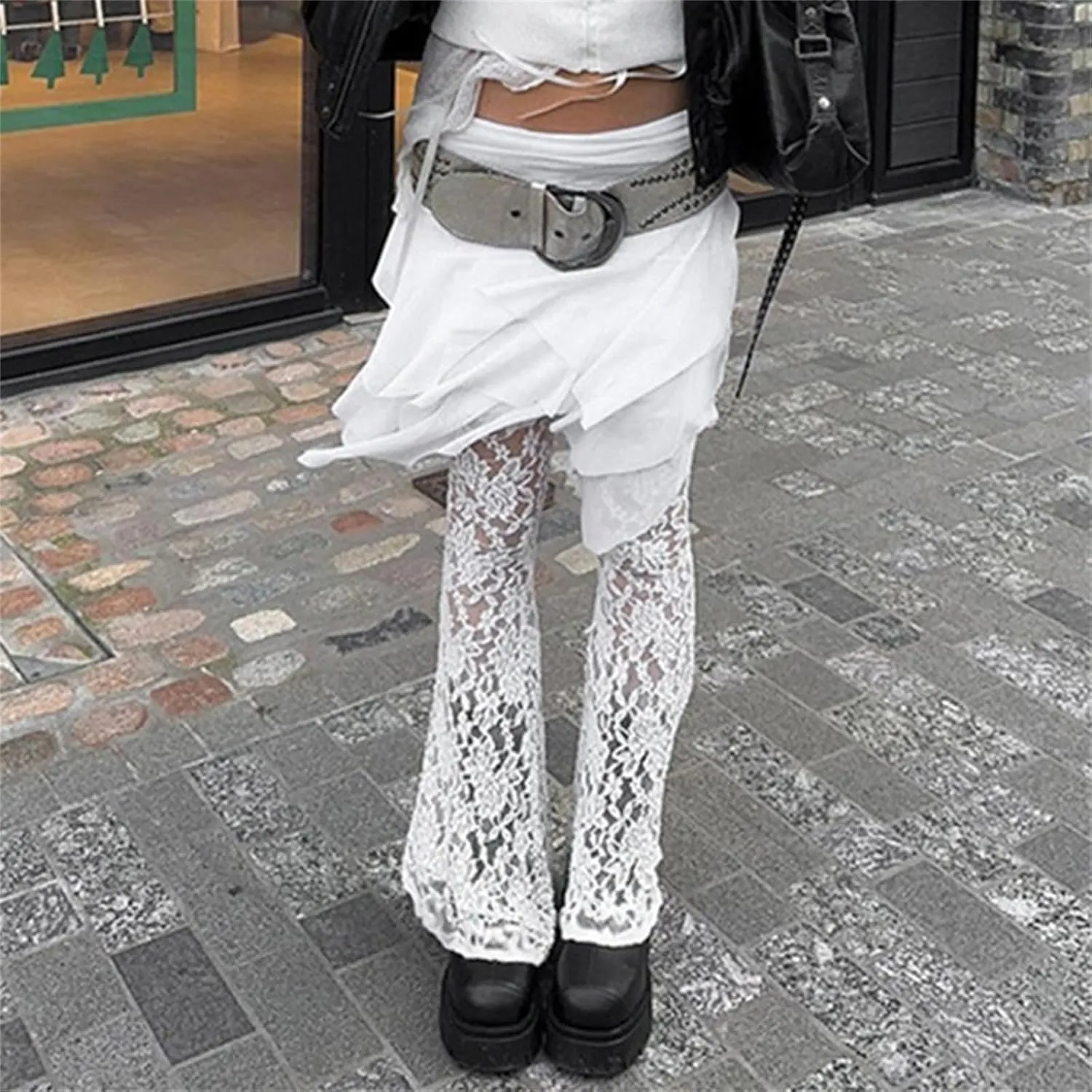 Lace Pants - Y2k Pants See Through Pants Sheer Mesh Bell Bottom Pants Stretchy Slim Trouser, Mesh Pants for Women