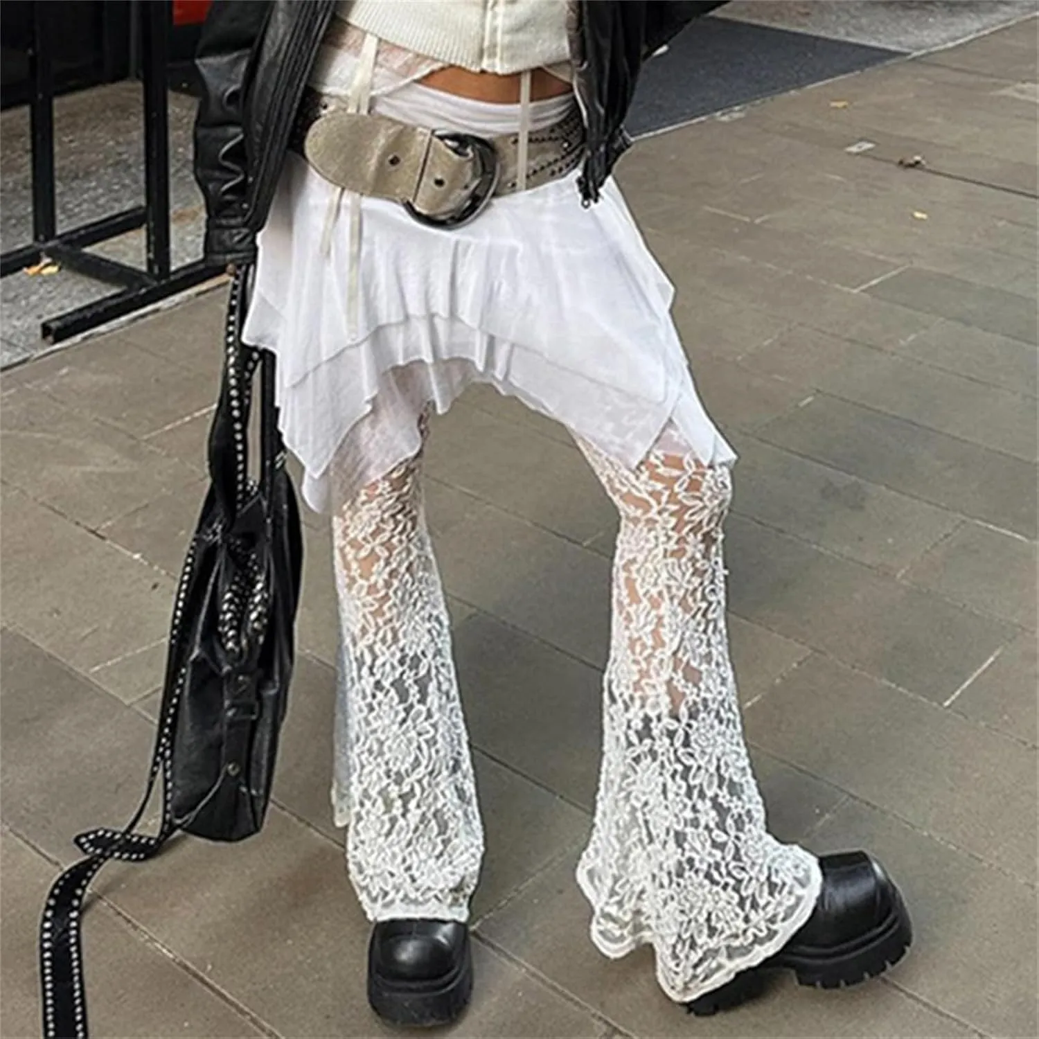 Lace Pants - Y2k Pants See Through Pants Sheer Mesh Bell Bottom Pants Stretchy Slim Trouser, Mesh Pants for Women