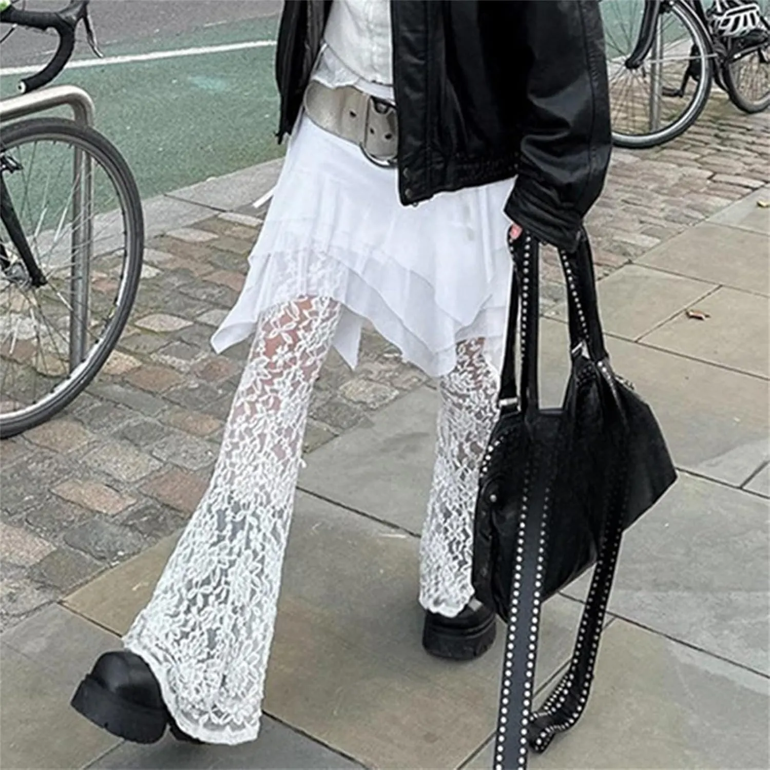 Lace Pants - Y2k Pants See Through Pants Sheer Mesh Bell Bottom Pants Stretchy Slim Trouser, Mesh Pants for Women