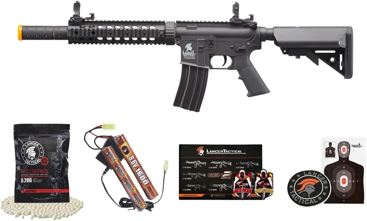 Lancer Tactical Gen 2 SD M4 Polymer (Long Rail)- Full/Semi-Auto Piactinny Rail AEG Rifle with 0.20g BBS, Charger and Battery