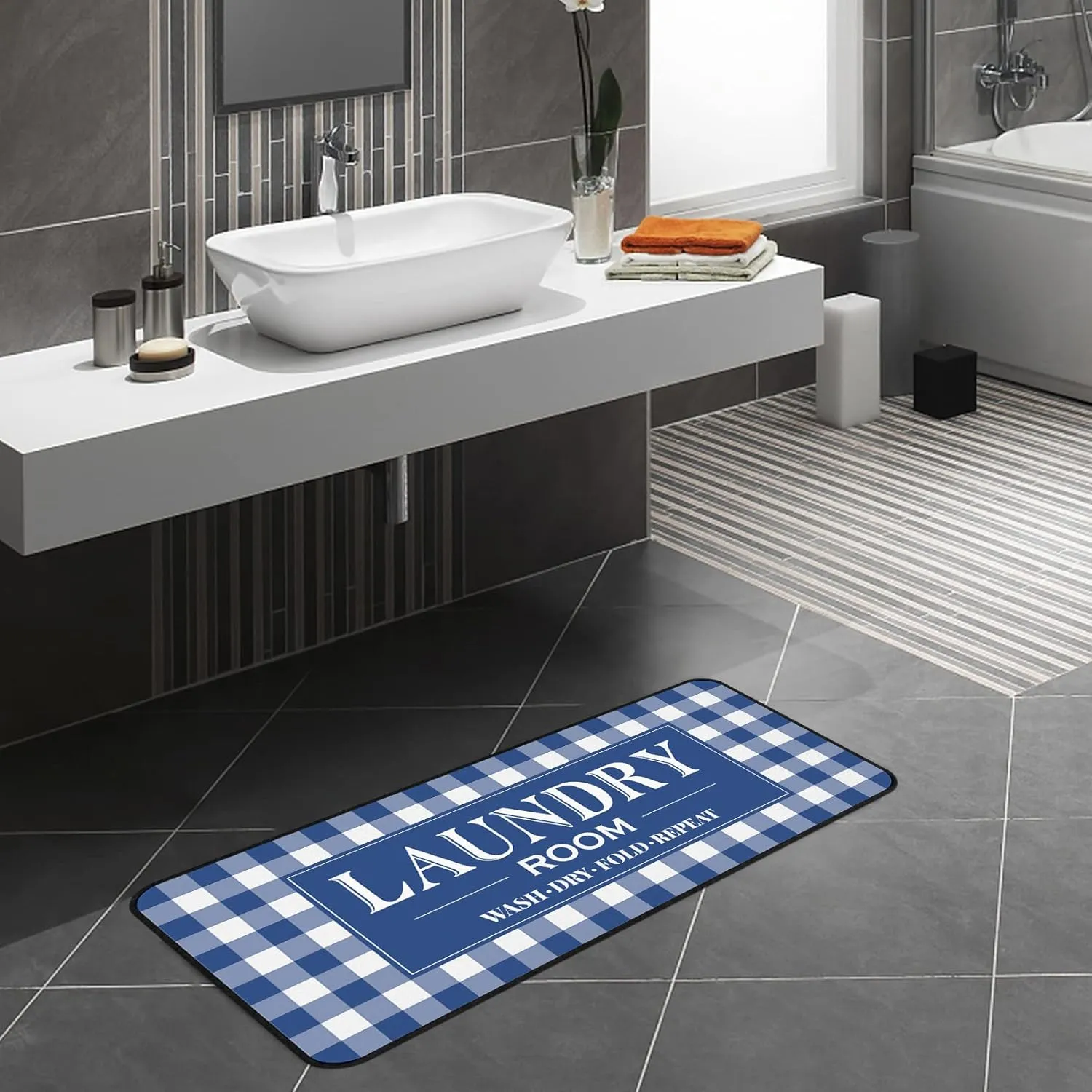Laundry Room Rug Runner Non Slip Laundry Mats Mudroom Laundromat Runner Farmhouse Kitchen Floor Mat Bathroom Laundry Room Decor Accessories(20 X 47 inch, Buffalo Plaid Blue)