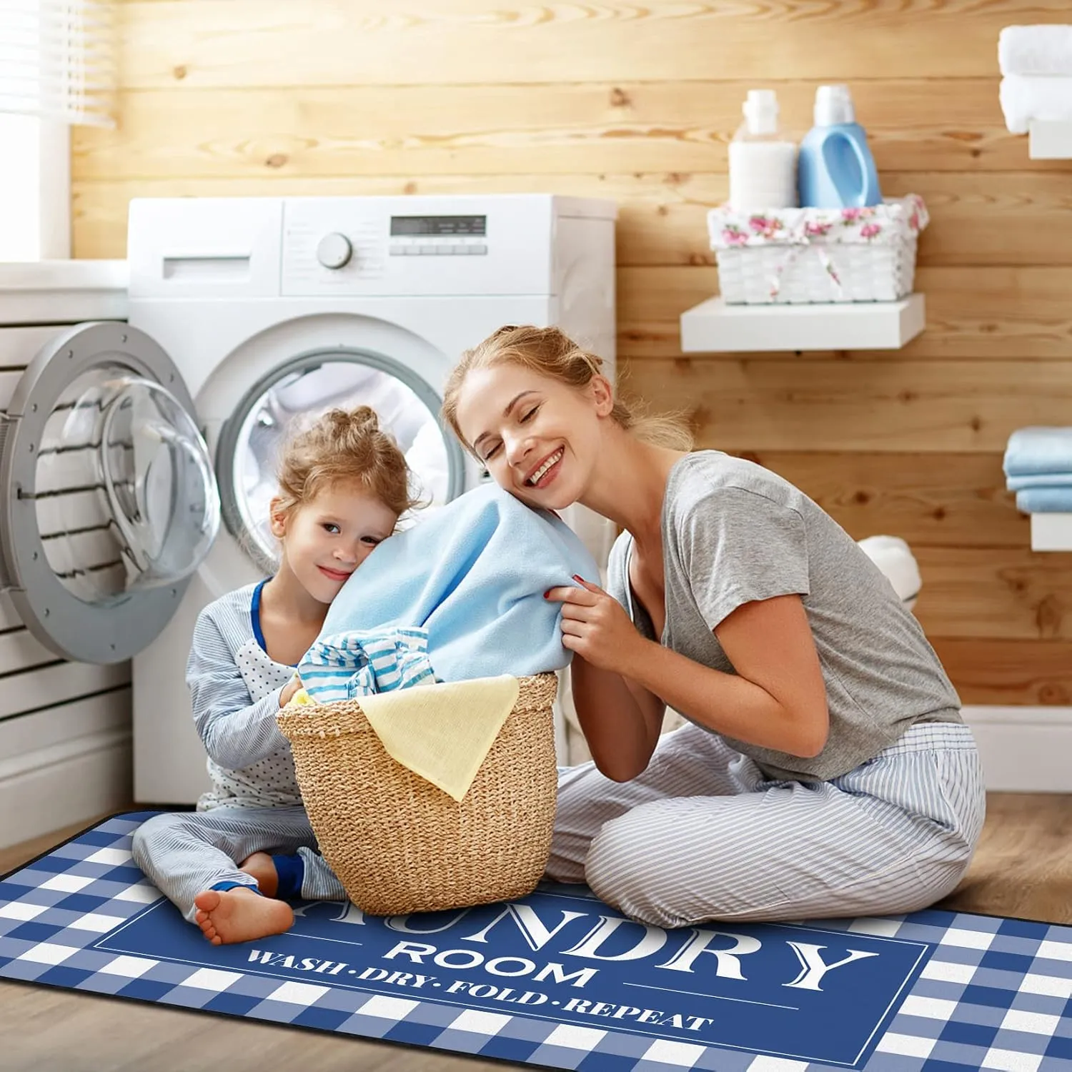 Laundry Room Rug Runner Non Slip Laundry Mats Mudroom Laundromat Runner Farmhouse Kitchen Floor Mat Bathroom Laundry Room Decor Accessories(20 X 47 inch, Buffalo Plaid Blue)