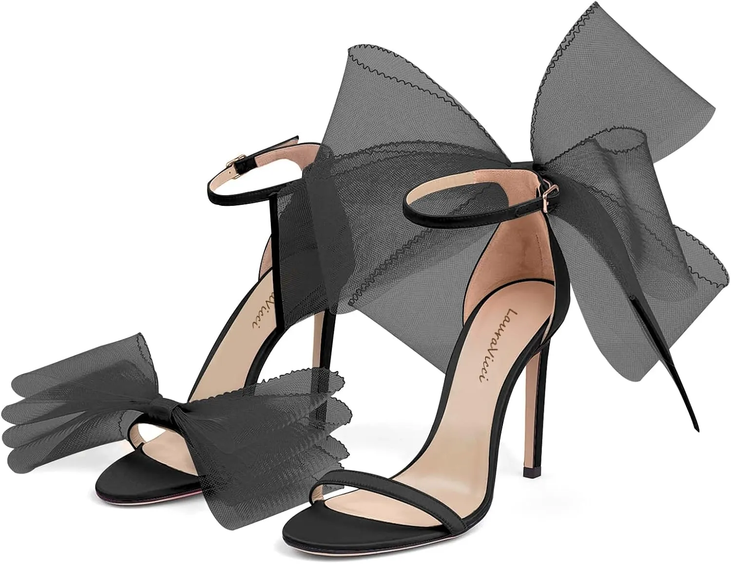 LauraVicci Women's High Heel Sandals Asymmetric Mesh Leather Bow Opened Toe Ankle Strap Lace-Up Stiletto Slip-On Evening Dress Party Wedding Shoes