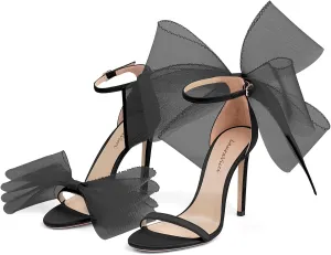 LauraVicci Women's High Heel Sandals Asymmetric Mesh Leather Bow Opened Toe Ankle Strap Lace-Up Stiletto Slip-On Evening Dress Party Wedding Shoes