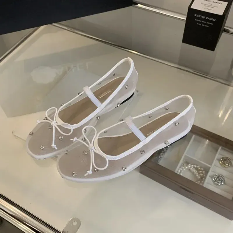 LBSFY  -  2024 New Design Rhinestone Mesh Breathable Shallow Mouth Single Shoes Flat Bow Ballet Mary Jane Women's Shoes
