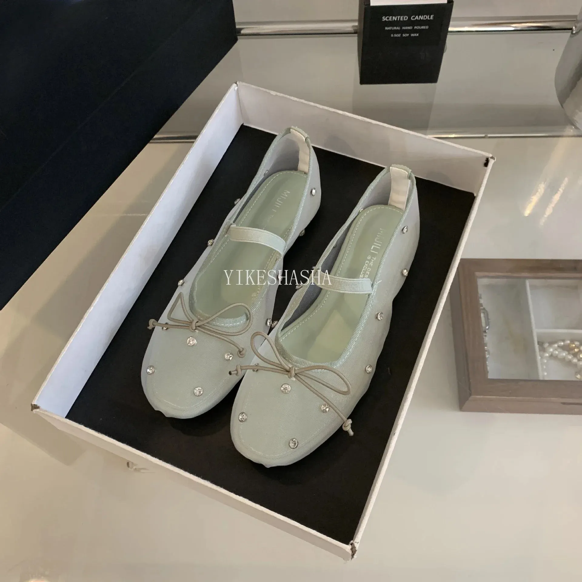 LBSFY  -  2024 New Design Rhinestone Mesh Breathable Shallow Mouth Single Shoes Flat Bow Ballet Mary Jane Women's Shoes