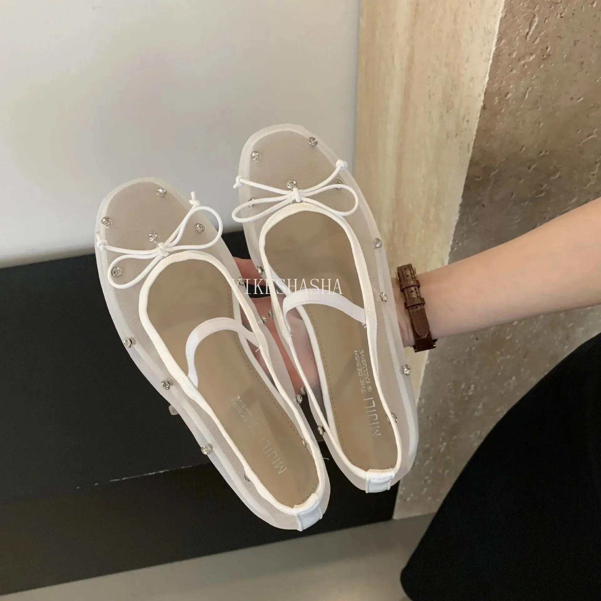 LBSFY  -  2024 New Design Rhinestone Mesh Breathable Shallow Mouth Single Shoes Flat Bow Ballet Mary Jane Women's Shoes