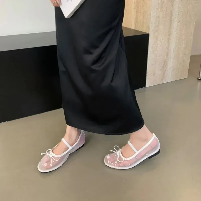 LBSFY  -  2024 New Design Rhinestone Mesh Breathable Shallow Mouth Single Shoes Flat Bow Ballet Mary Jane Women's Shoes