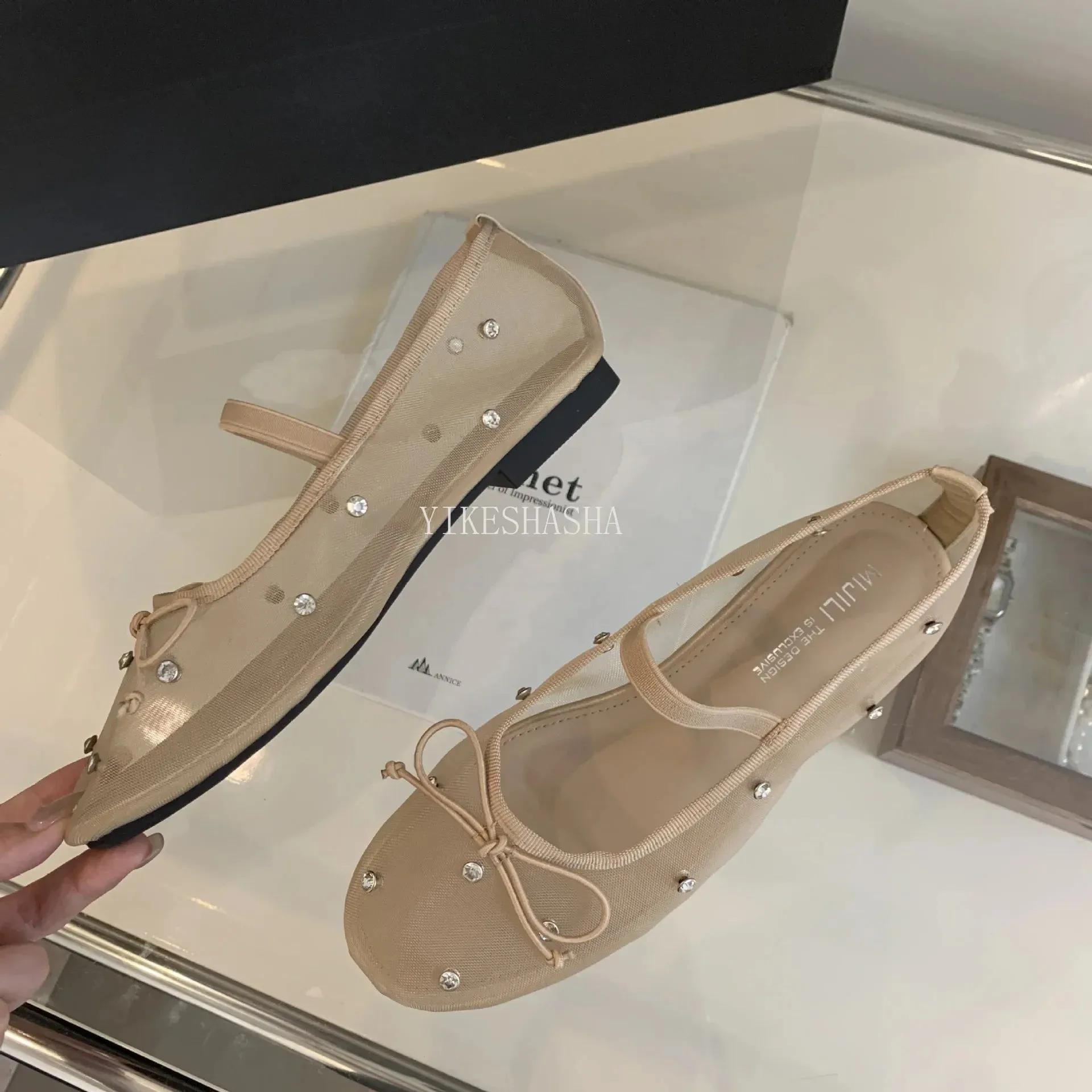LBSFY  -  2024 New Design Rhinestone Mesh Breathable Shallow Mouth Single Shoes Flat Bow Ballet Mary Jane Women's Shoes