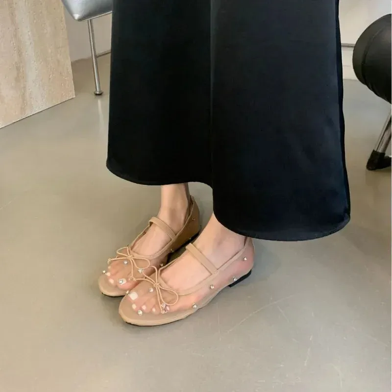 LBSFY  -  2024 New Design Rhinestone Mesh Breathable Shallow Mouth Single Shoes Flat Bow Ballet Mary Jane Women's Shoes