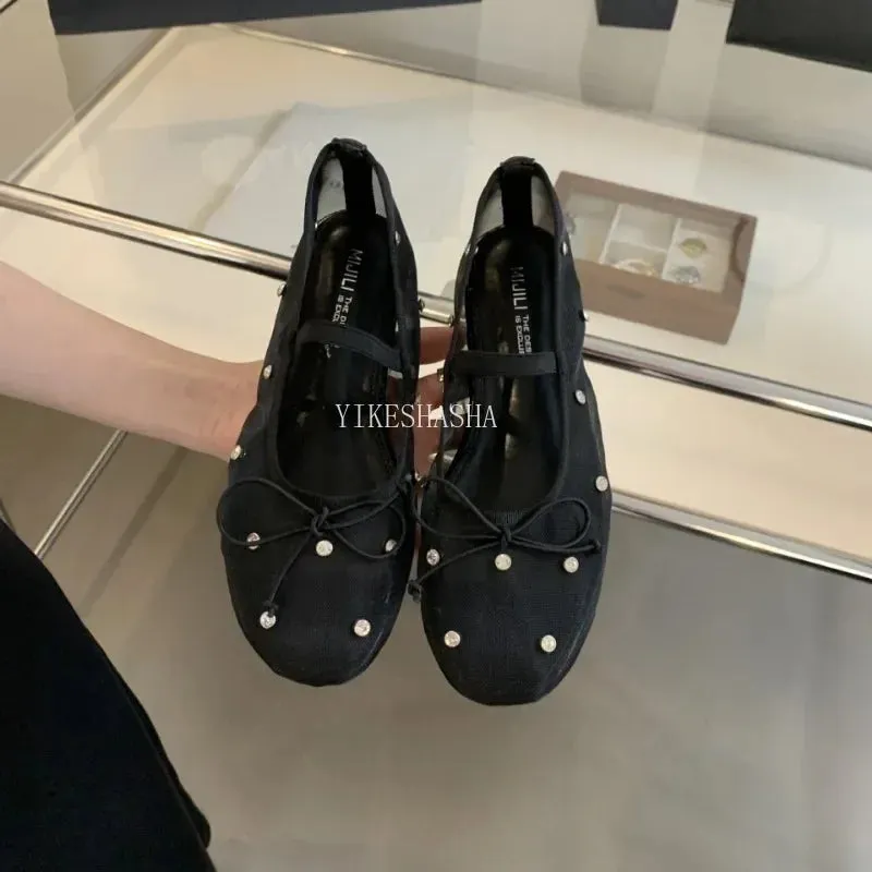 LBSFY  -  2024 New Design Rhinestone Mesh Breathable Shallow Mouth Single Shoes Flat Bow Ballet Mary Jane Women's Shoes