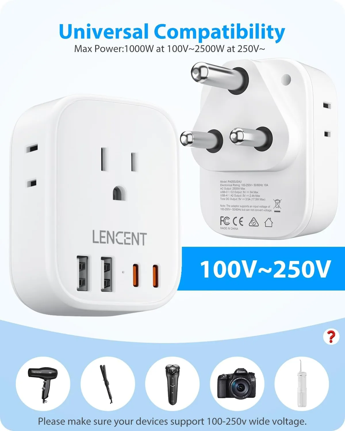 LENCENT South Africa Power Adapter, South Africa Grounded Travel Adaptor with 4 American Outlets, 4 USB Charger (2 USB C), Type M Plug Converter for US to Bhutan Botswana Namibia Zimbabwe