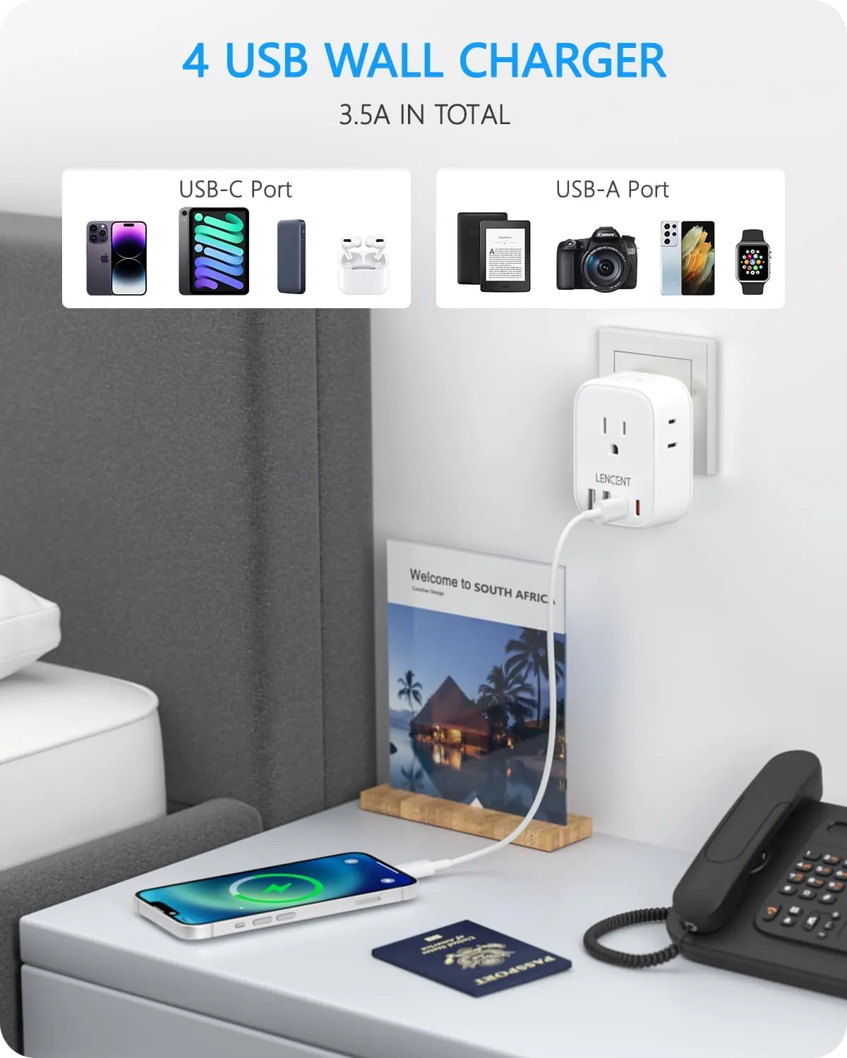 LENCENT South Africa Power Adapter, South Africa Grounded Travel Adaptor with 4 American Outlets, 4 USB Charger (2 USB C), Type M Plug Converter for US to Bhutan Botswana Namibia Zimbabwe