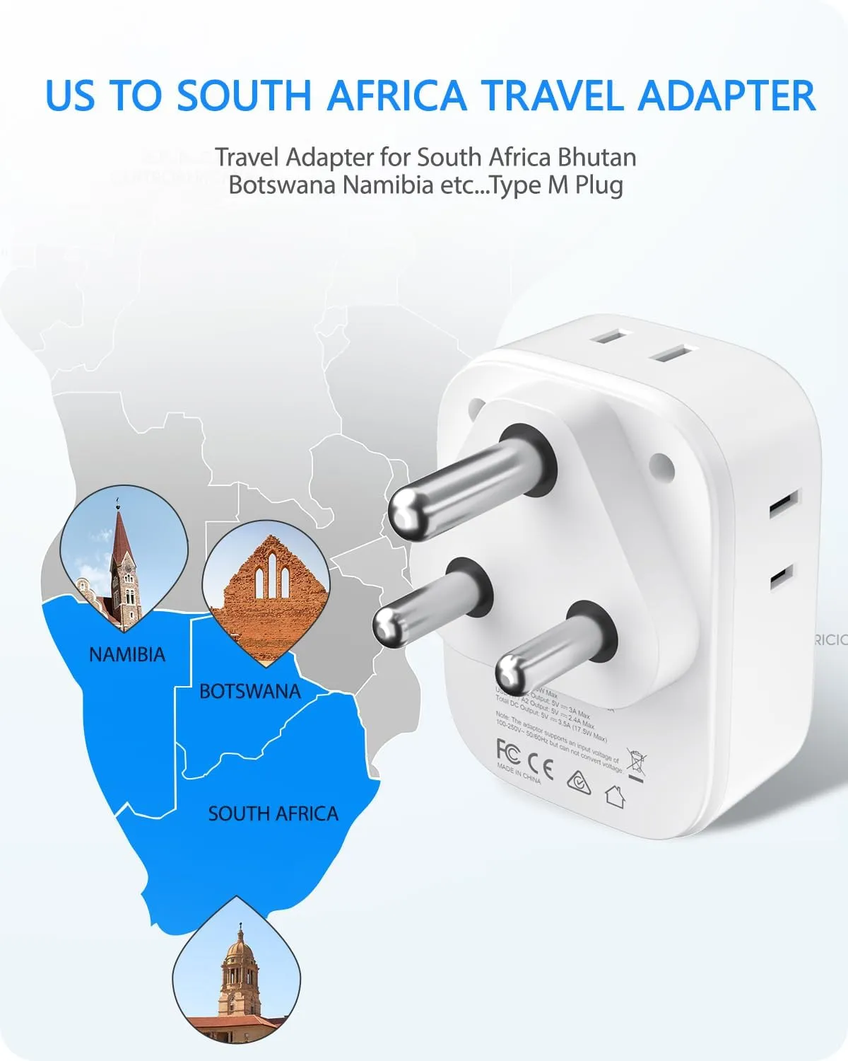 LENCENT South Africa Power Adapter, South Africa Grounded Travel Adaptor with 4 American Outlets, 4 USB Charger (2 USB C), Type M Plug Converter for US to Bhutan Botswana Namibia Zimbabwe